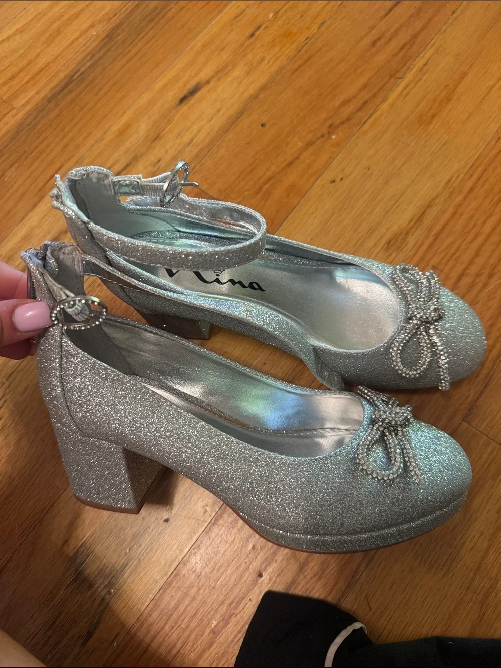 Nordstrom Silver Glitter Block Heel Mary Janes with Bow
